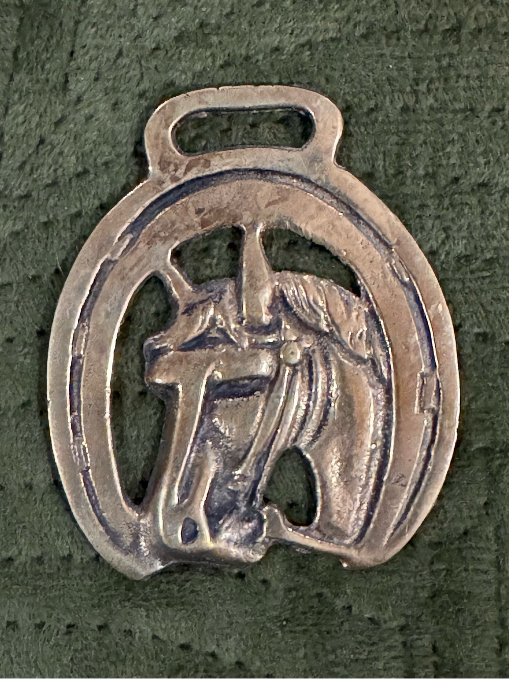 Vintage English Cast Brass Horse Saddle Harness Medallion- Lucky Horse Shoe